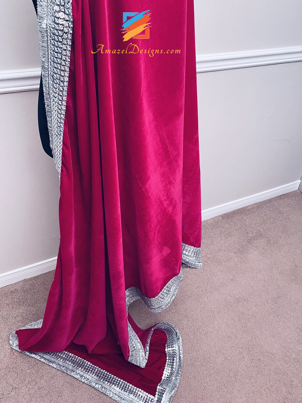 Hot Pink Magenta Silber Sitara Kundan Kirna Vala Gotta Spitzen-Samtschal