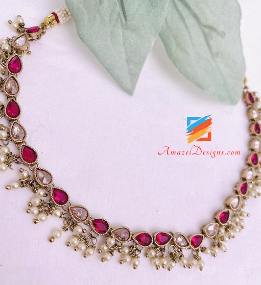 Hot Pink Magenta Single Line Polki Pearly Necklace