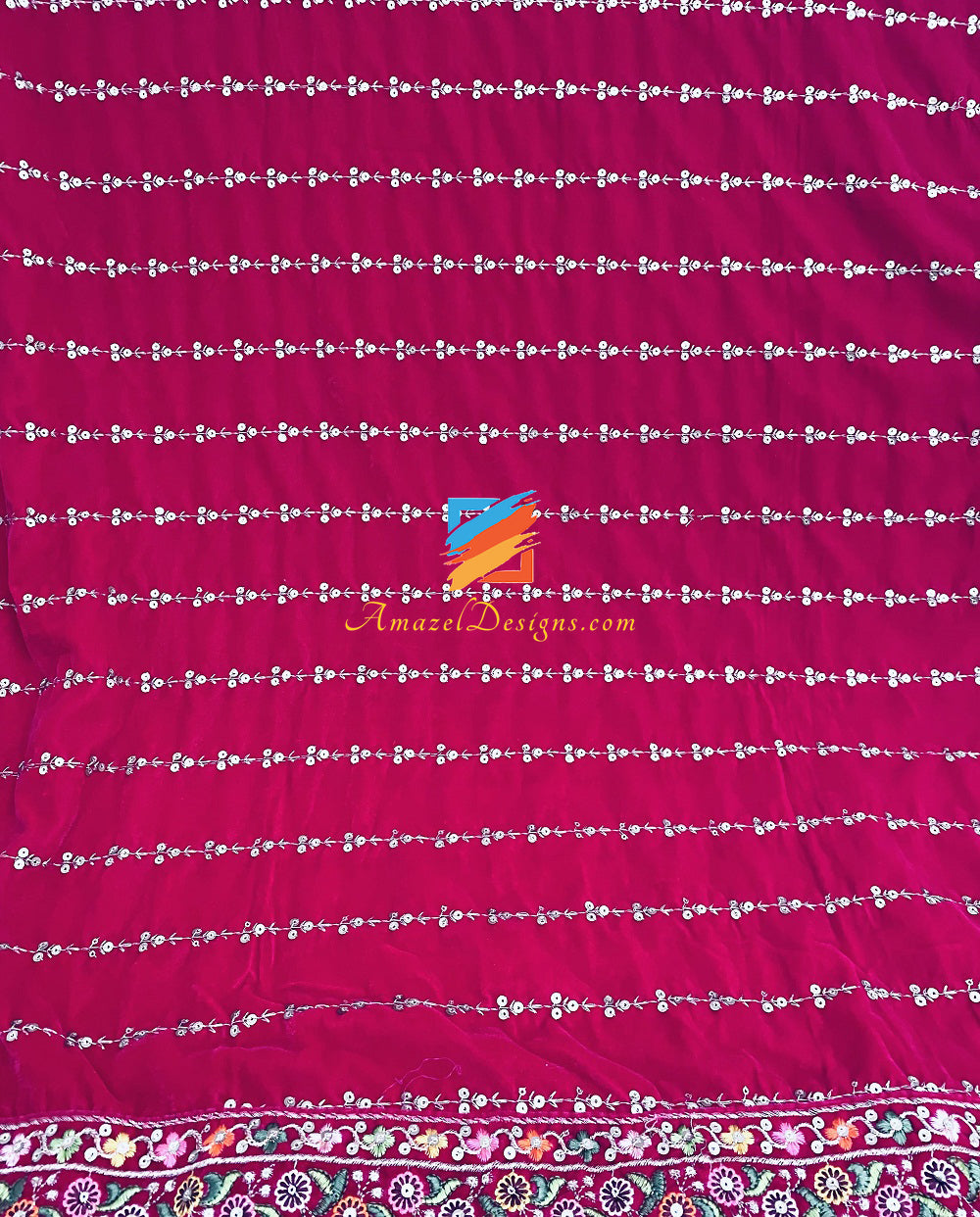 Hot Pink Magenta thread bordi scialle di velluto Tilla Sitara
