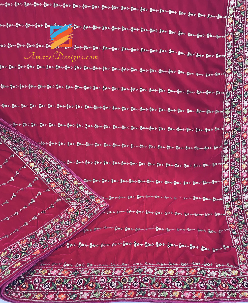Hot Pink Magenta thread bordi scialle di velluto Tilla Sitara