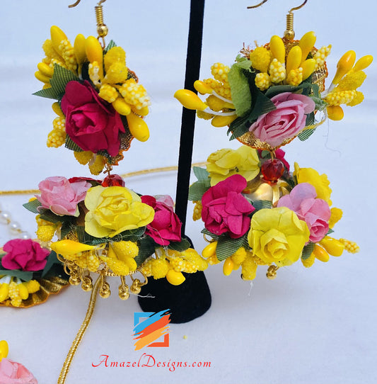 Hot Pink Magenta Yellow Necklace Jhumka Earrings Hand Pieces Tikka Flower Set