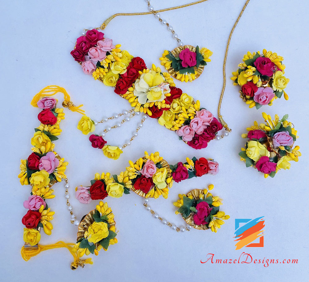 Hot Pink Magenta Yellow Necklace Jhumka Earrings Hand Pieces Tikka Flower Set