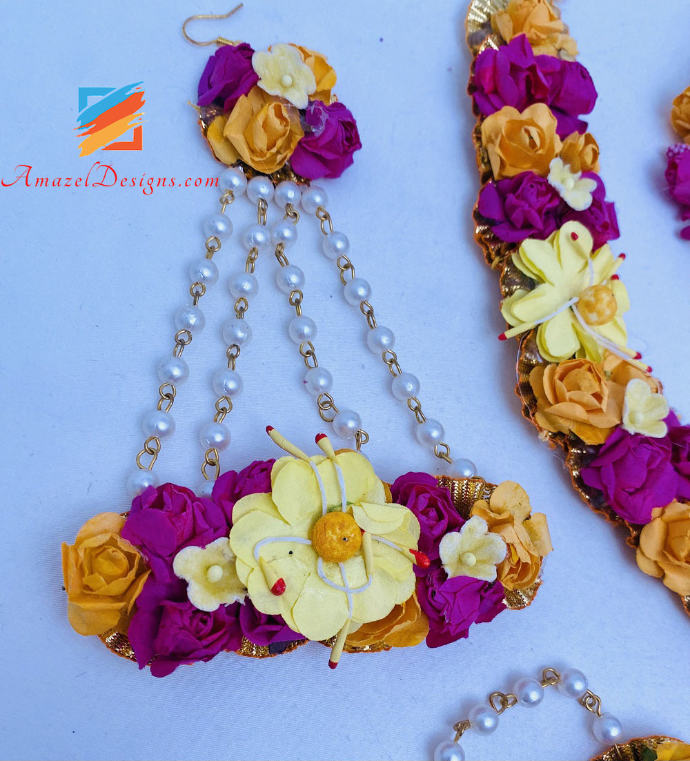 Hot Pink Magenta Yellow Necklace Kada passa And Tikka Flower Set