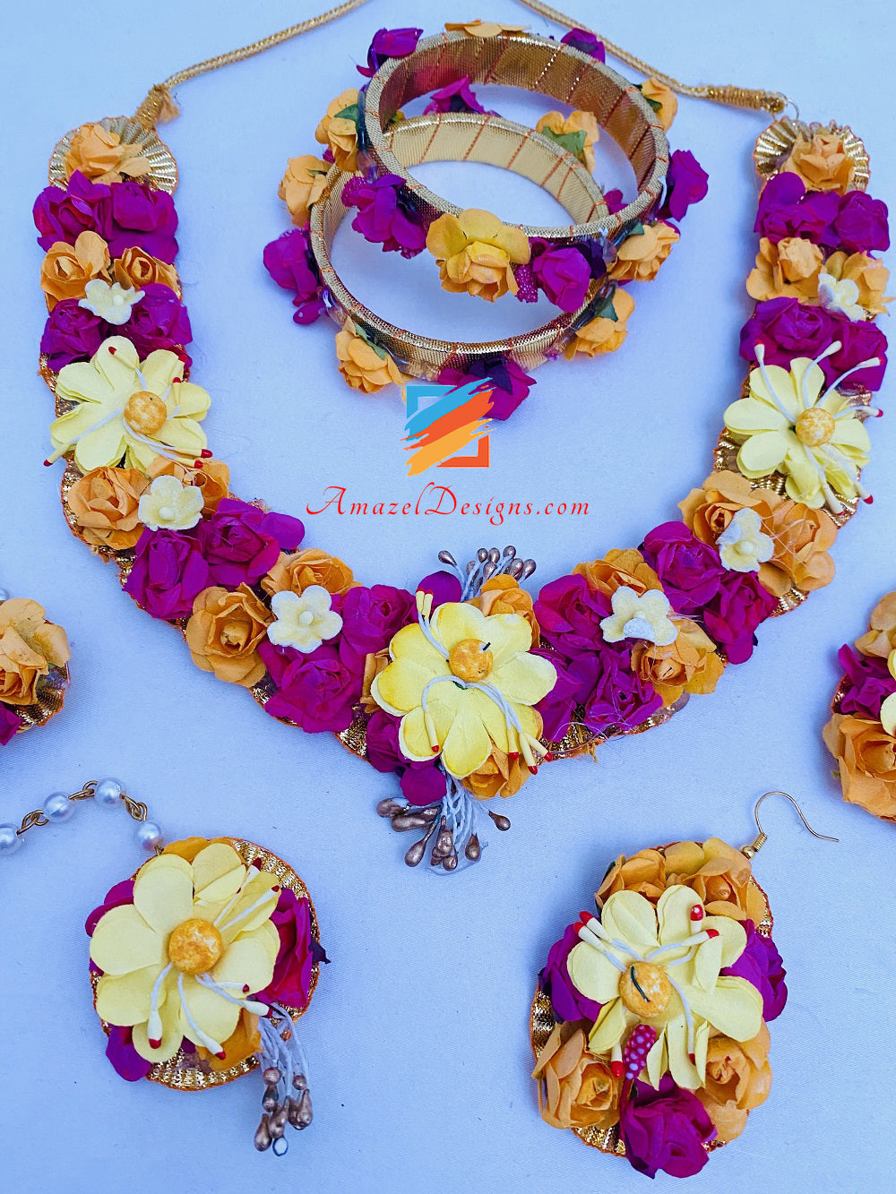 Hot Pink Magenta Yellow Necklace Kada passa And Tikka Flower Set