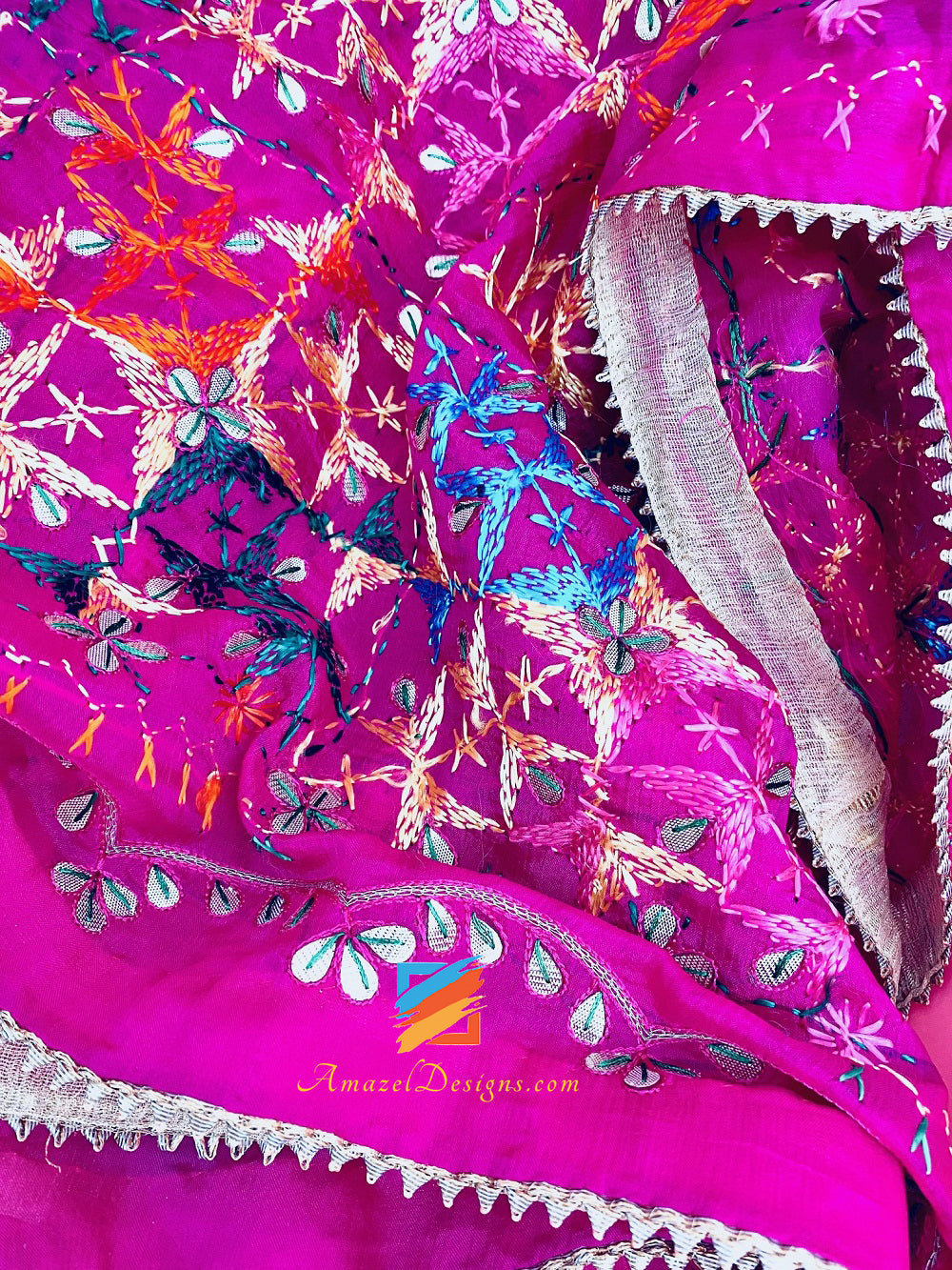 Hot Pink Magenta All Over Heavy Work Devo Patti Work Fulkari
