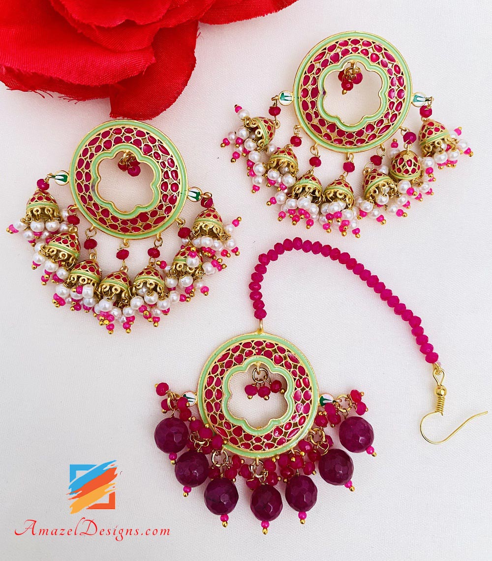 Hot Pink Mint Borchie Dipinte A Mano E Set Tikka