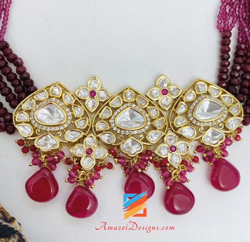 Hot Pink Ruby High Quality Statement Kundan Choker Necklace Studs Set