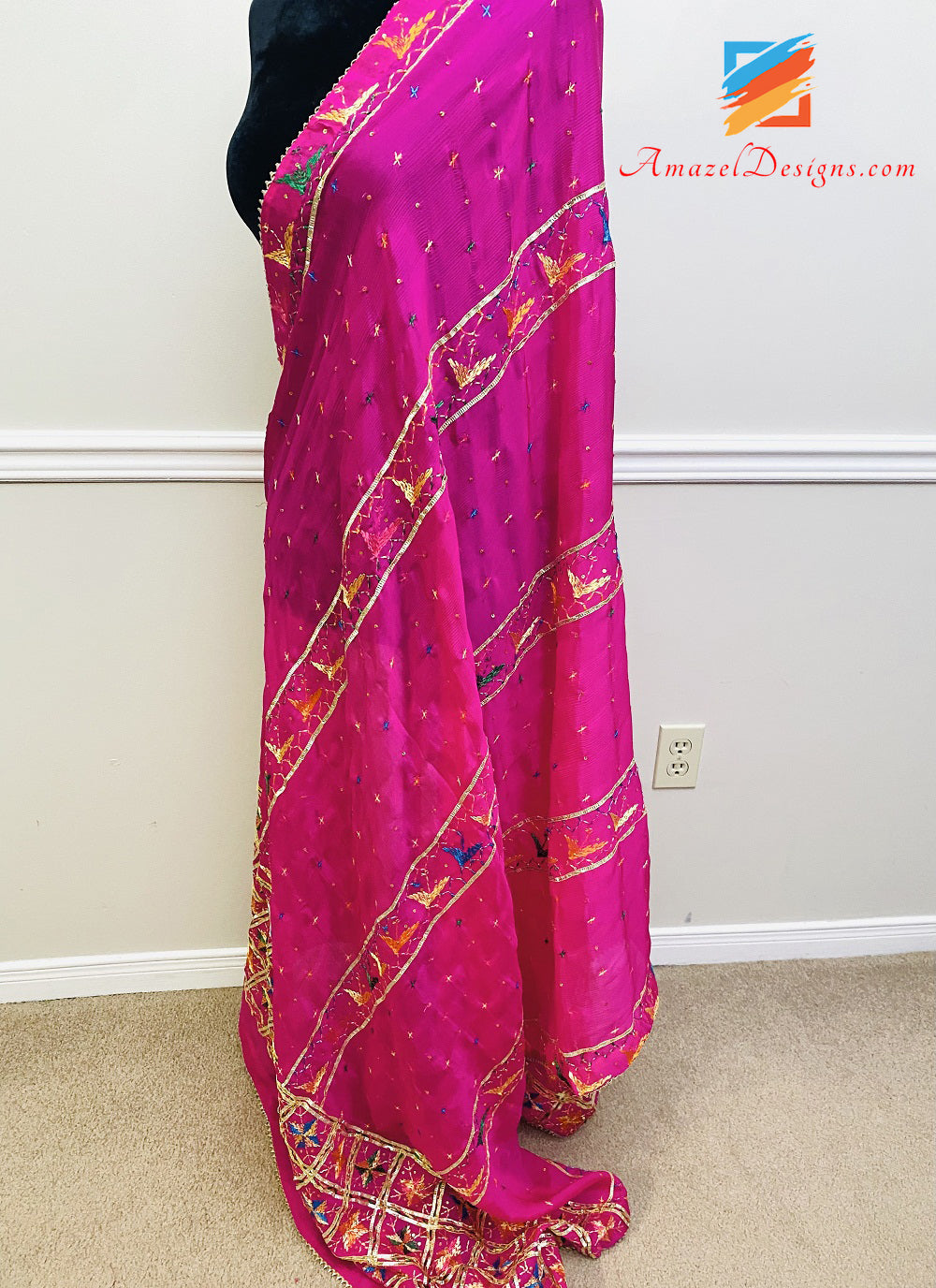 Hot Pink (Magenta) Aari Sippi Work With Smaosa Lace Phulkari