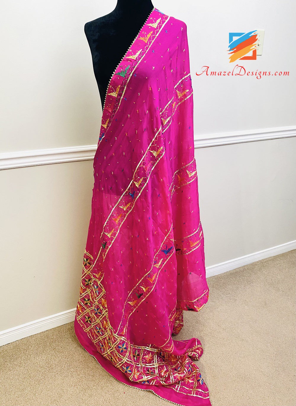 Hot Pink (Magenta) Aari Sippi Work With Smaosa Lace Phulkari