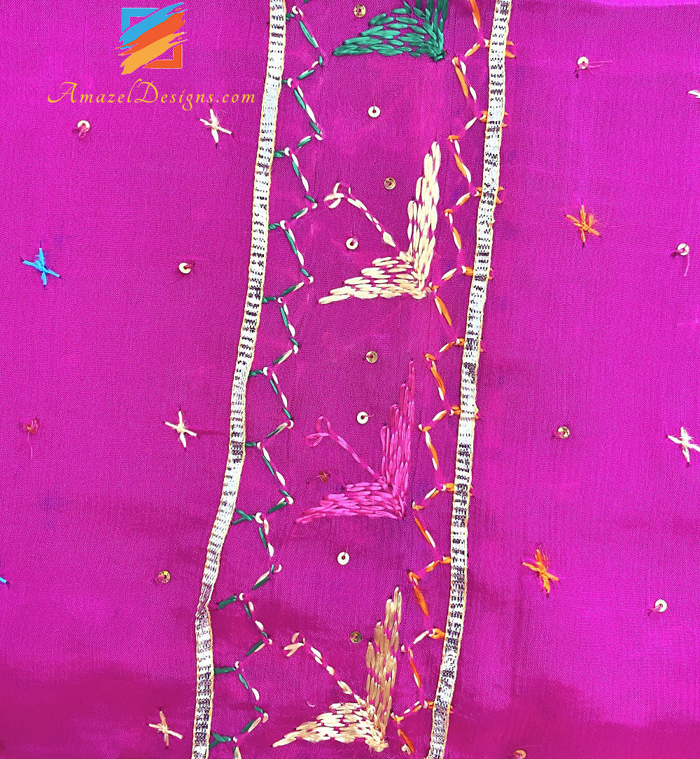 Hot Pink (Magenta) Aari Sippi Work With Smaosa Lace Phulkari