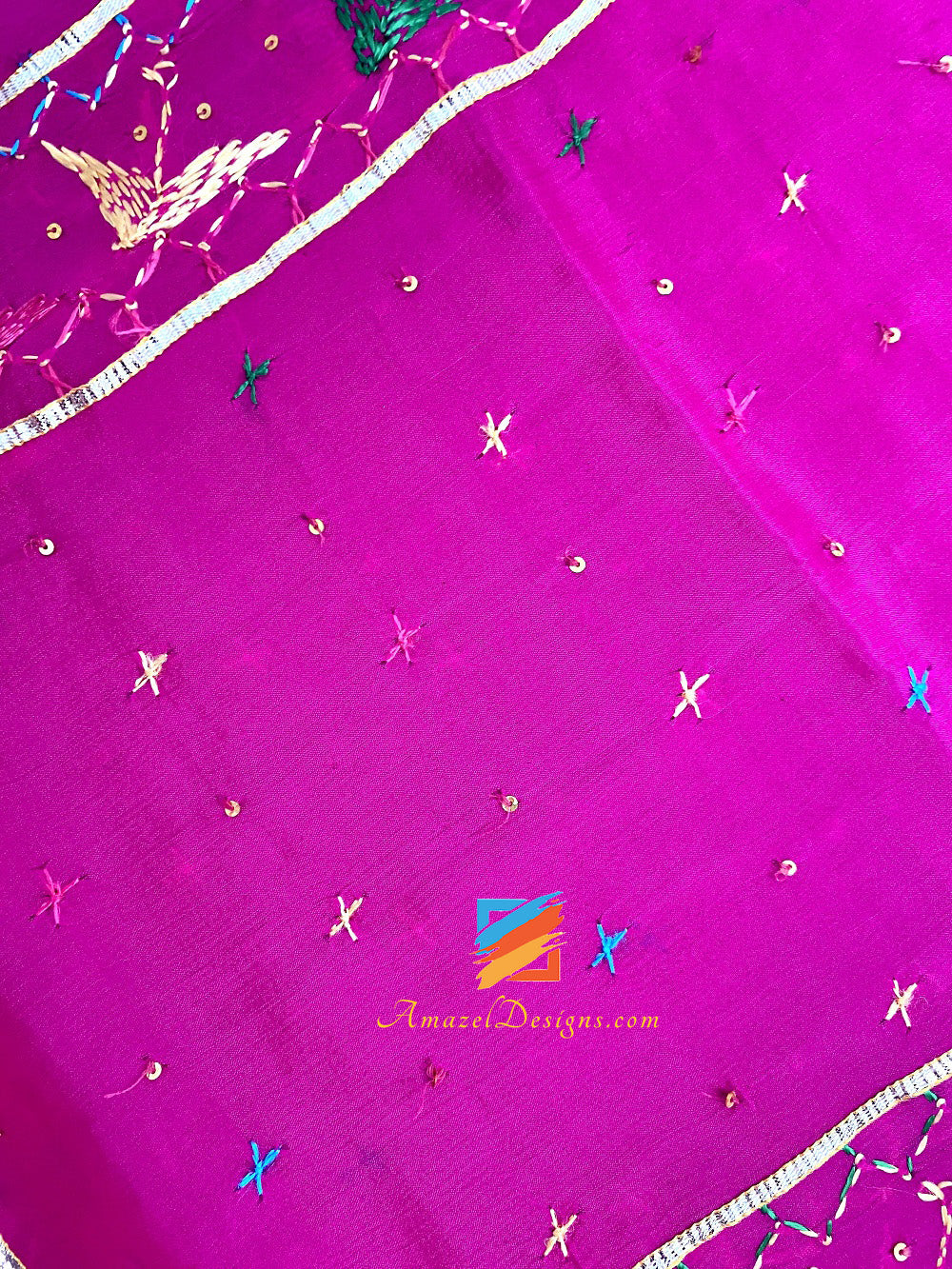 Hot Pink (Magenta) Aari Sippi Work With Smaosa Lace Phulkari