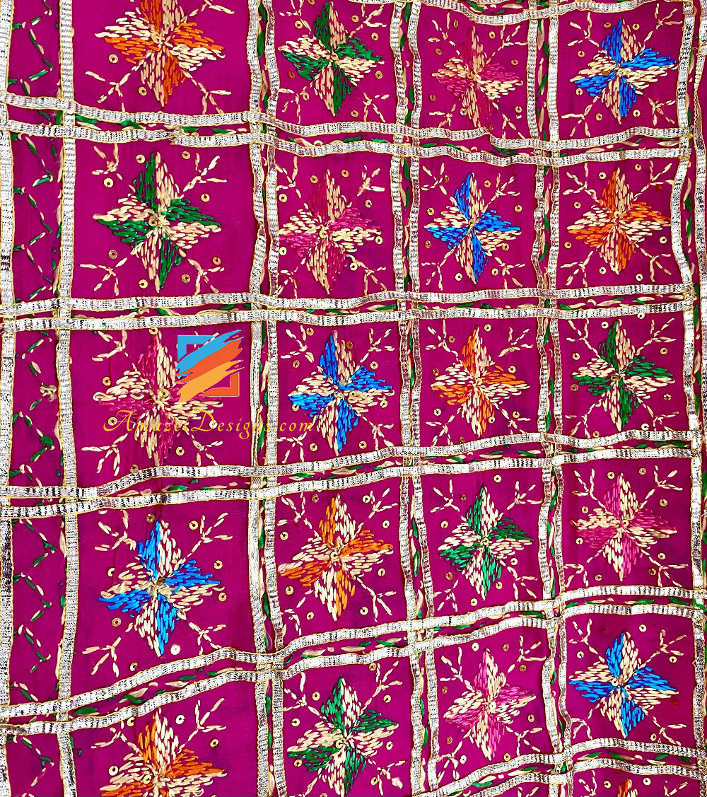 Hot Pink (Magenta) Aari Sippi Work With Smaosa Lace Phulkari