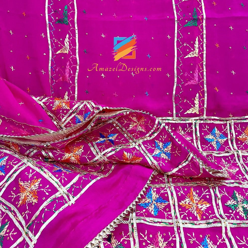 Hot Pink (Magenta) Aari Sippi Work With Smaosa Lace Phulkari