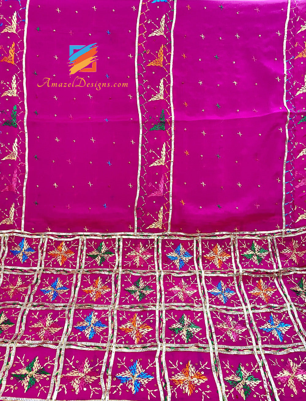 Hot Pink (Magenta) Aari Sippi Work With Smaosa Lace Phulkari