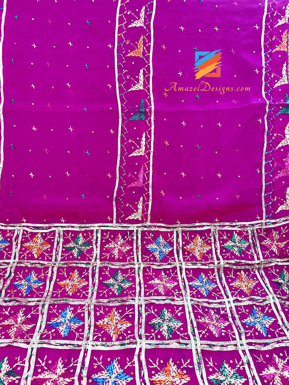 Hot Pink (Magenta) Aari Sippi Work With Smaosa Lace Phulkari