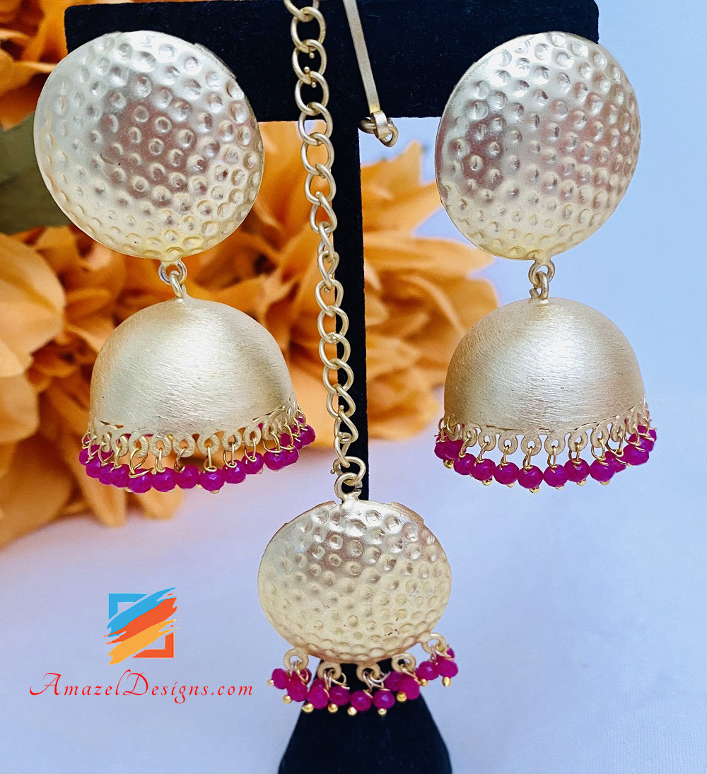 Hot Pink (Magenta) Golden Extremely Lightweight Jhumki Tikka Set