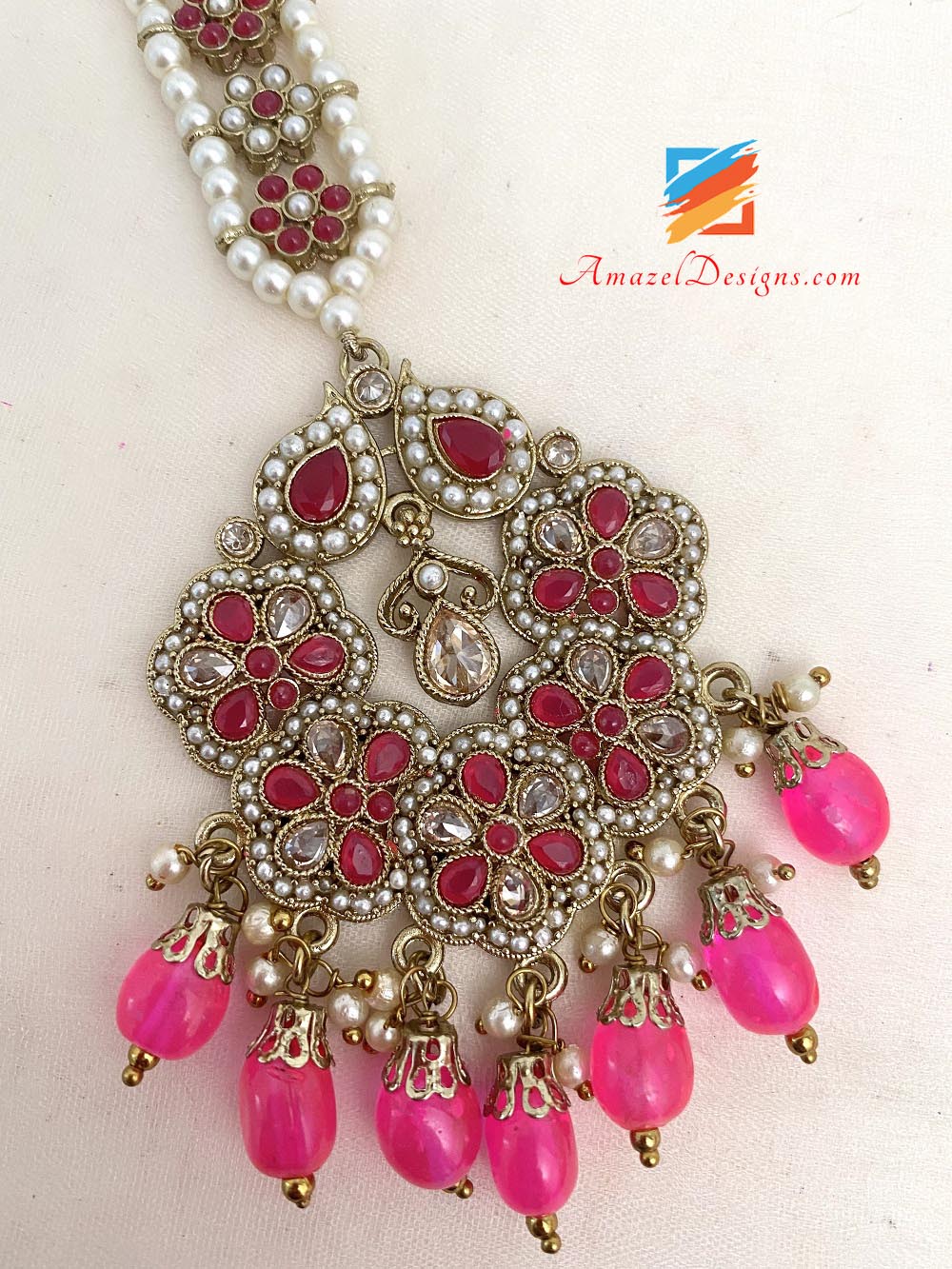 Hot Pink (Magenta) Polki And Beads Earrings Tikka Set