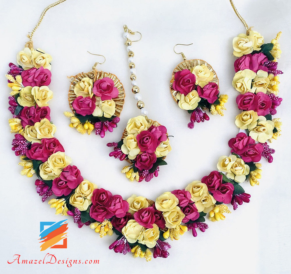 Hot Pink And Yellow Flower Jewellery Necklace And Bangles With Earrings Tikka Set