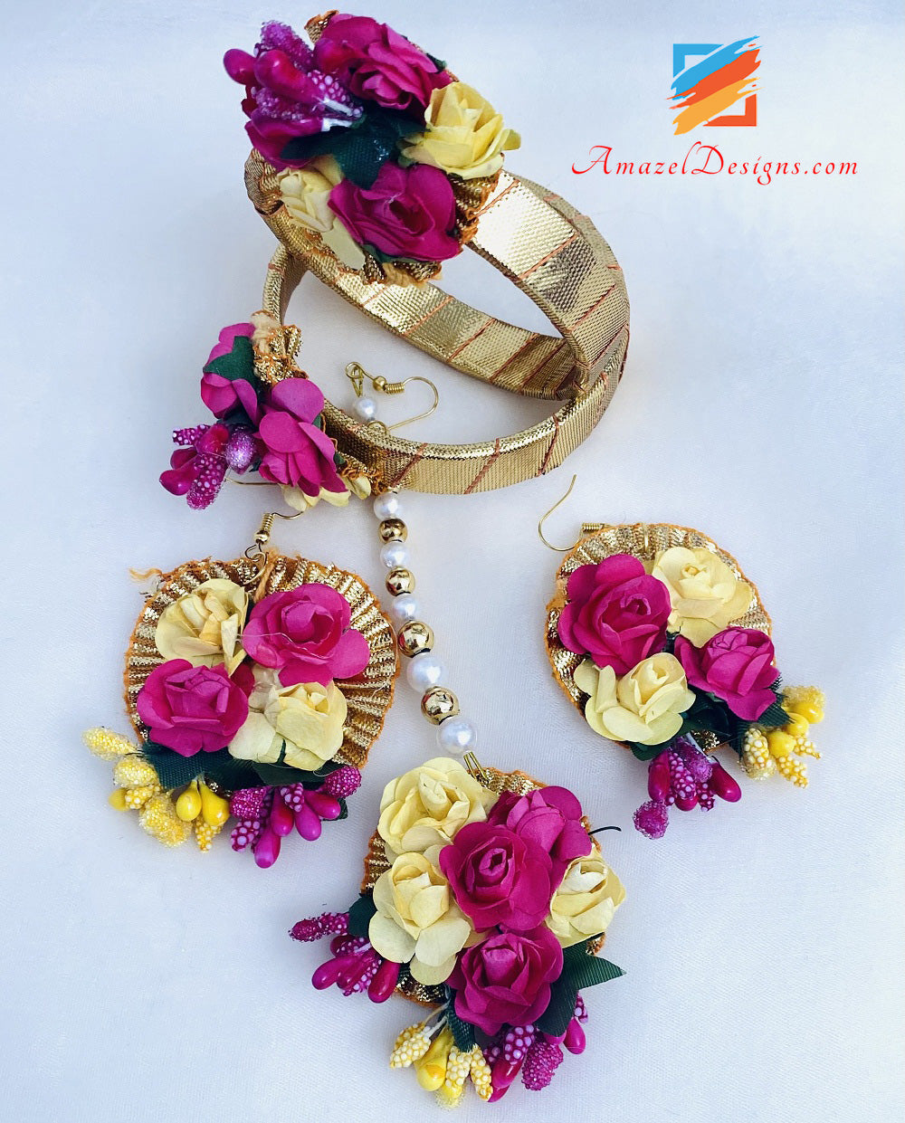 Hot Pink And Yellow Flower Jewellery Necklace And Bangles With Earrings Tikka Set