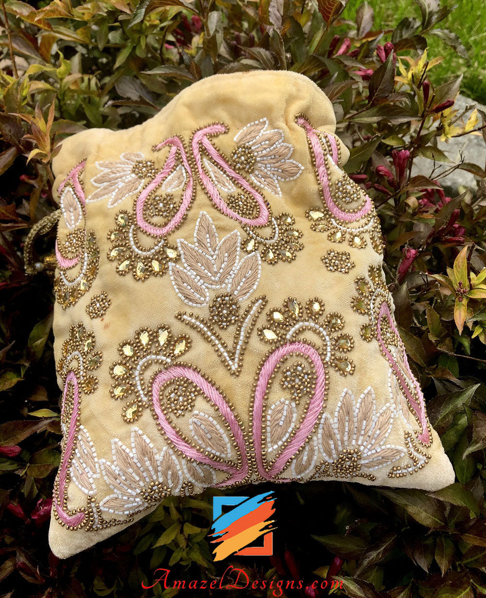 Beige Potli with Thread and Stone Work