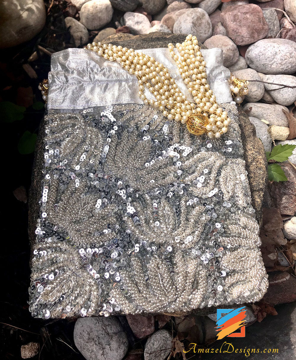 Silver Potli with Heavy Silver Beads and Sitaras