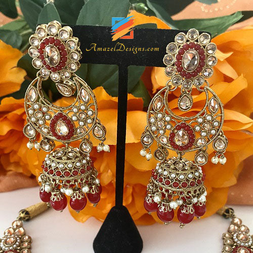 Polki Red Necklace with Chandbali Jhumki Tikka Set