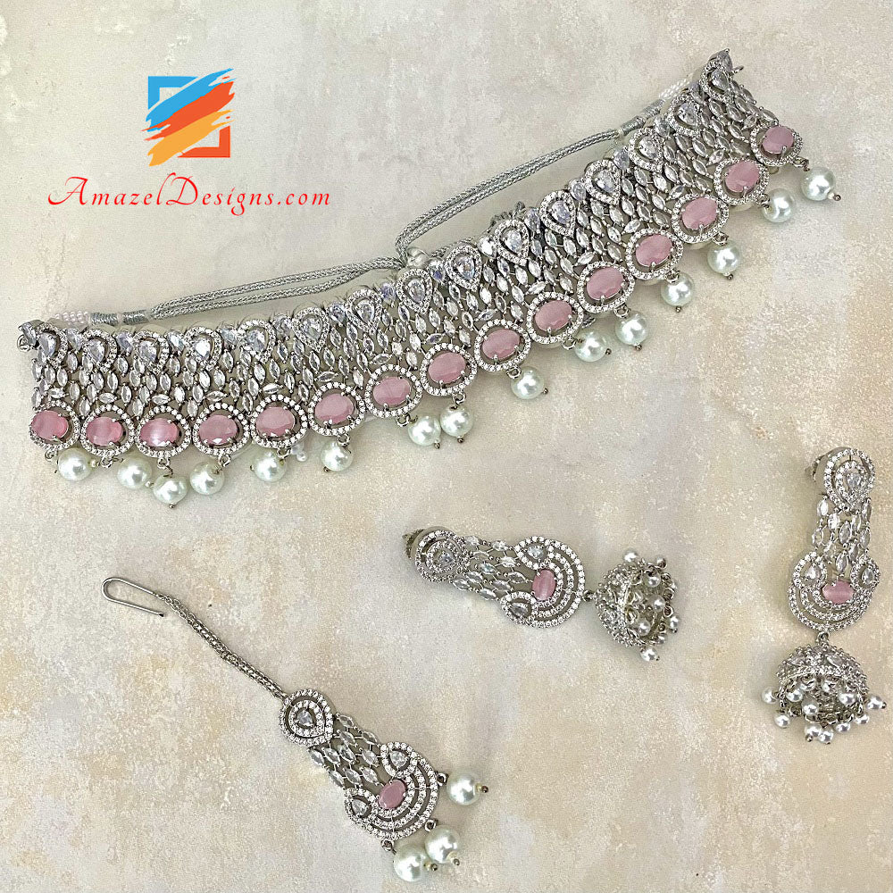 American Diamond (AD) Collana girocollo rosa argento Orecchini Tikka Set