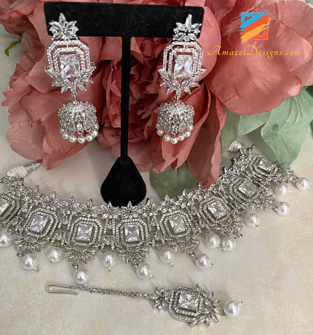 American Diamond (AD) Silver Necklace Earrings Tikka Set