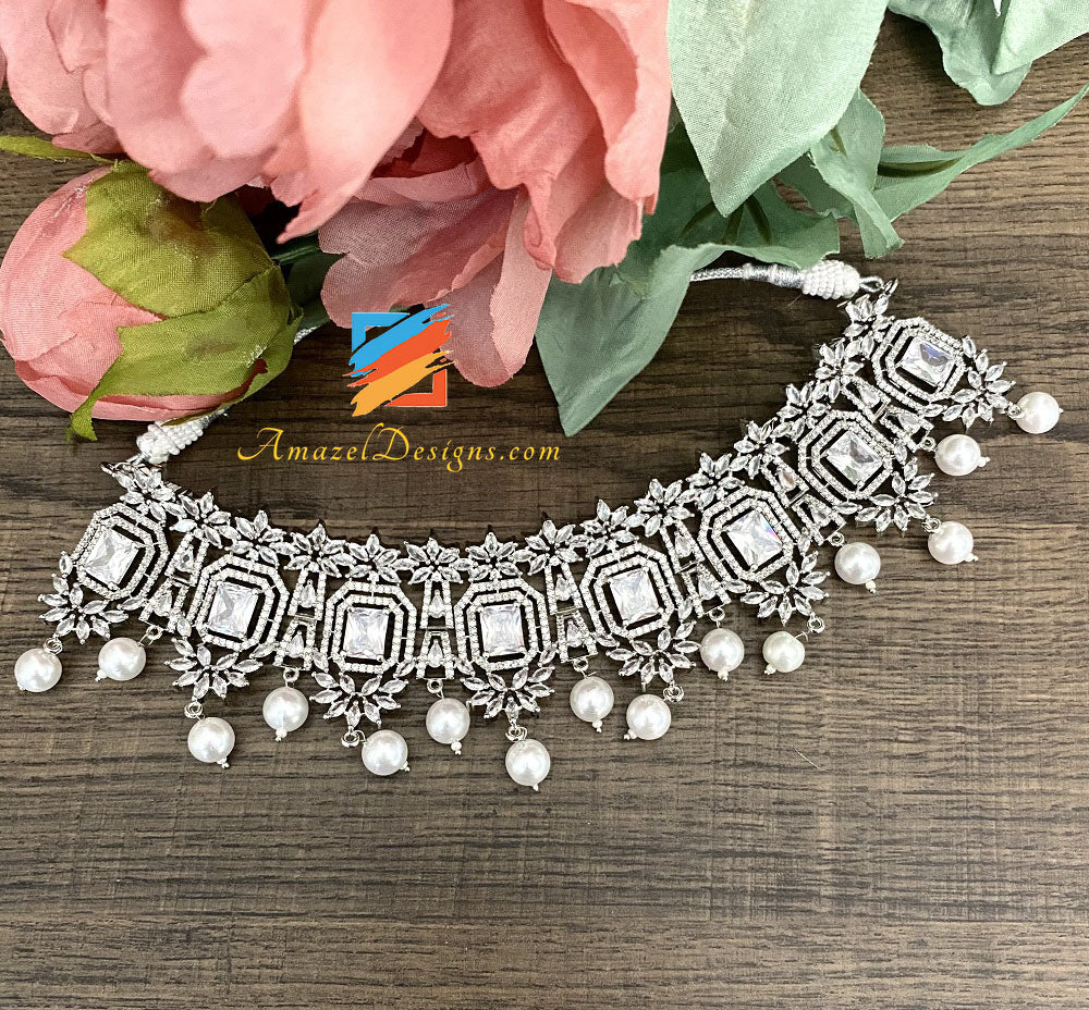 American Diamond (AD) Silver Necklace Earrings Tikka Set