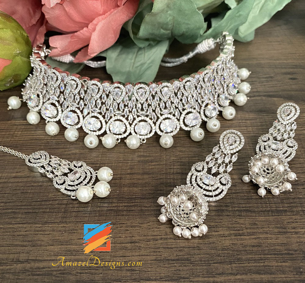 American Diamond (AD) Collana girocollo in argento Orecchini Tikka Set