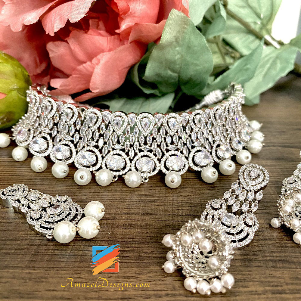 American Diamond (AD) Collana girocollo in argento Orecchini Tikka Set
