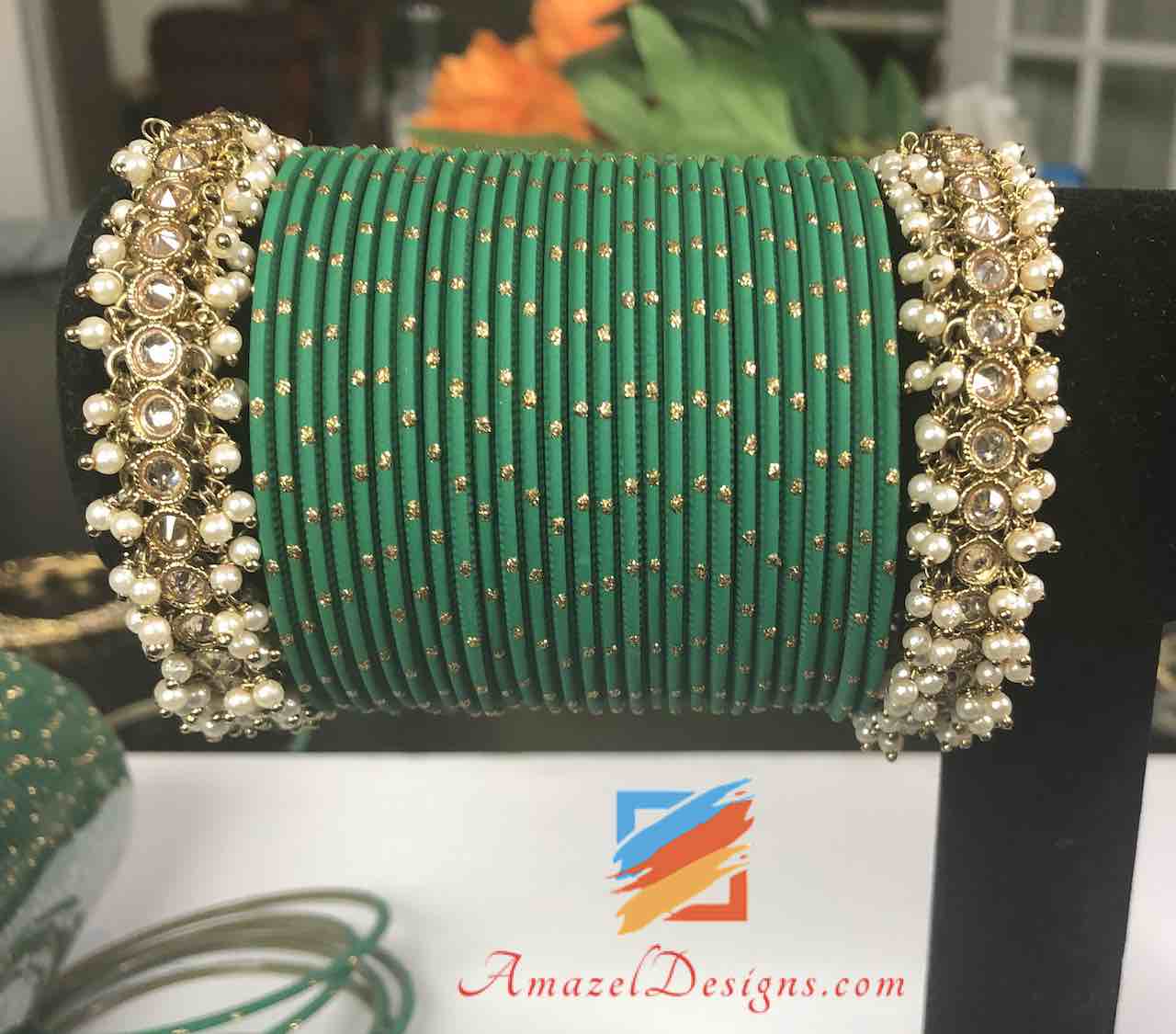 Green Polki Pearls Bangle Set Amazel Designs