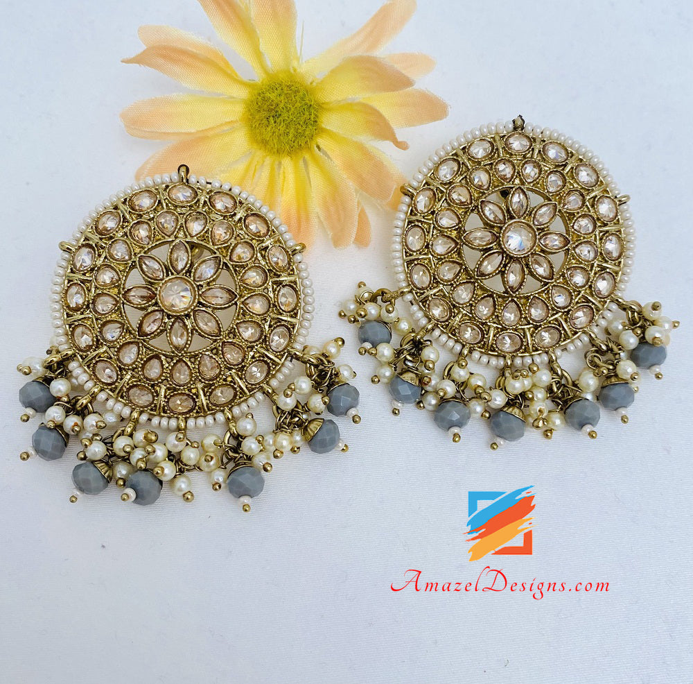 Indian Grey Polki Tikka Studs Earring Set