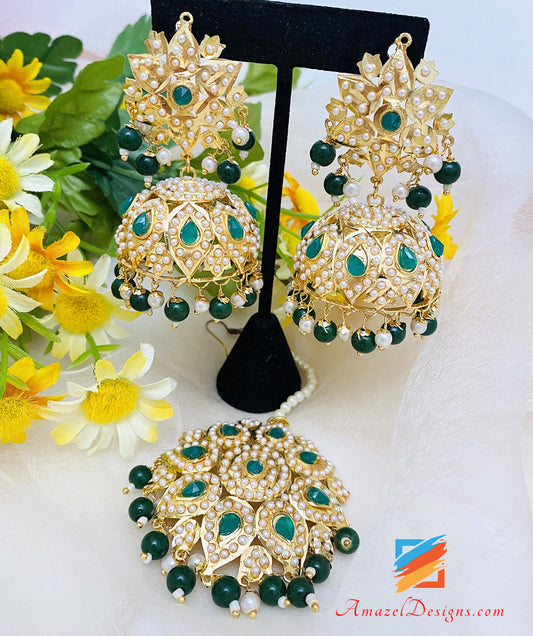 Jadau Kundan Pippal Patti Verde Smeraldo Jhumki Orecchini Set Tikka