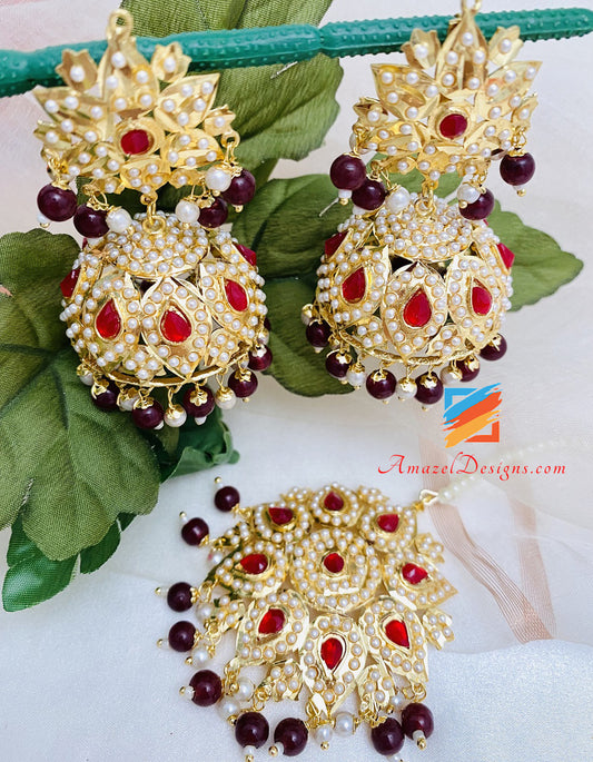 Jadau Kundan Pippal Patti Maroon Ruby Jhumki Orecchini Set Tikka