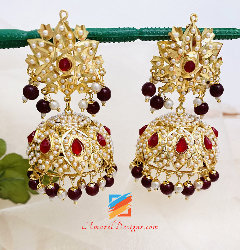 Jadau Kundan Pippal Patti Maroon Ruby Jhumki Earrings Tikka Set