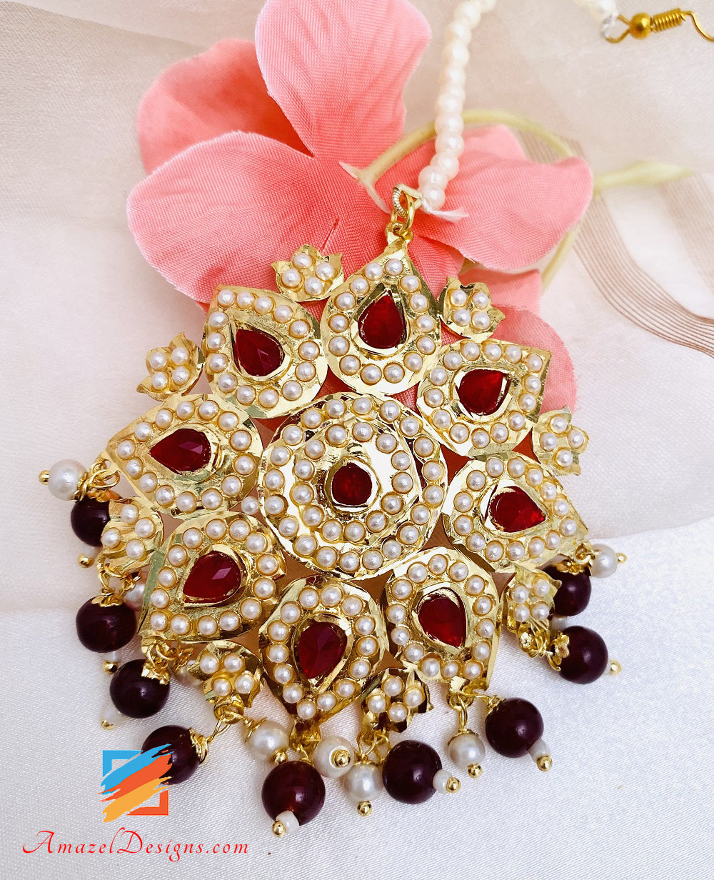 Jadau Kundan Pippal Patti Maroon Ruby Jhumki Earrings Tikka Set