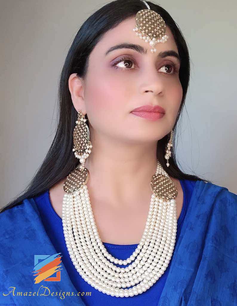 Edles Jadau-Perlen-Mala-Ohrring-Tikka-Halsketten-Set