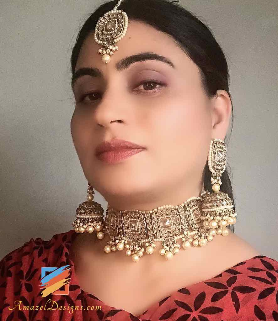 Hochwertiger Polki-Champagner-Halsband mit Jhumka
