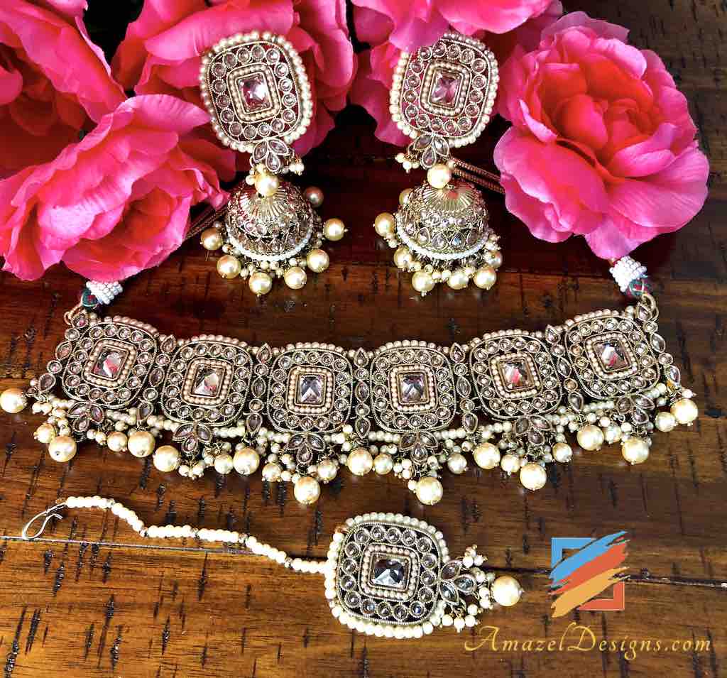 Hochwertiger Polki-Champagner-Halsband mit Jhumka