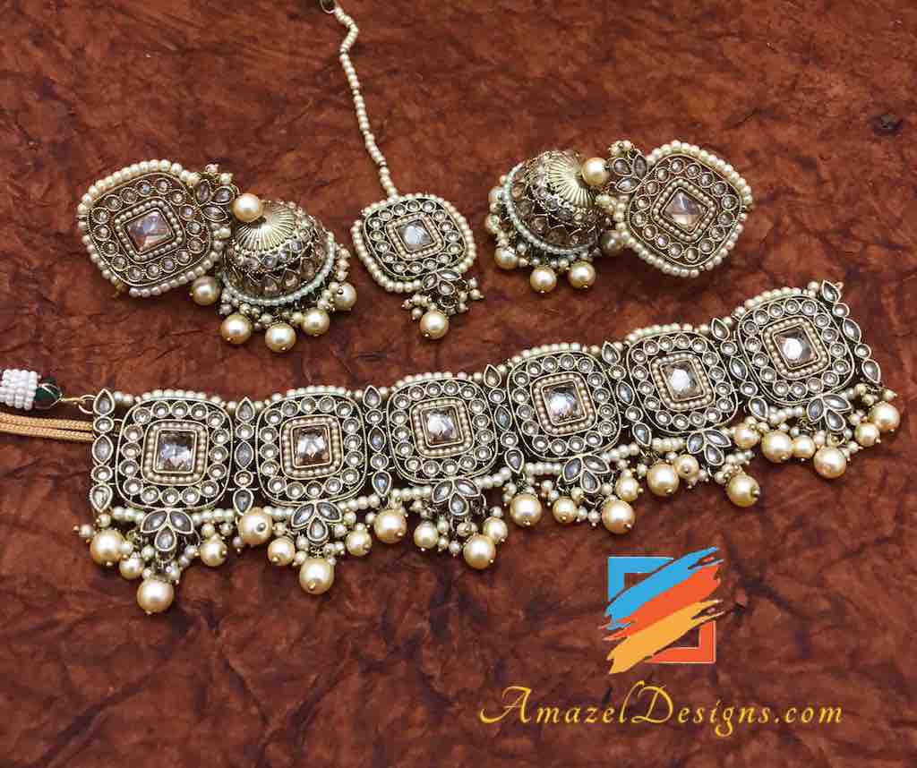 Hochwertiger Polki-Champagner-Halsband mit Jhumka