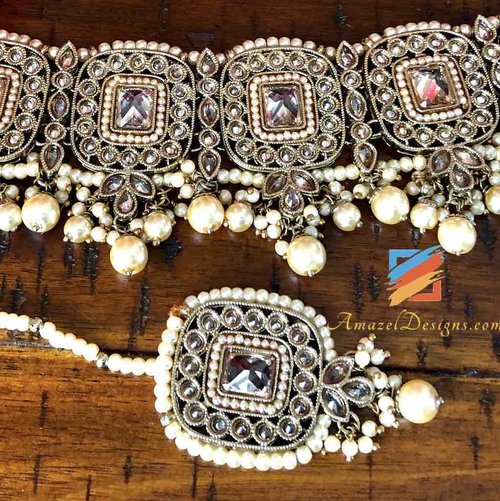Hochwertiger Polki-Champagner-Halsband mit Jhumka