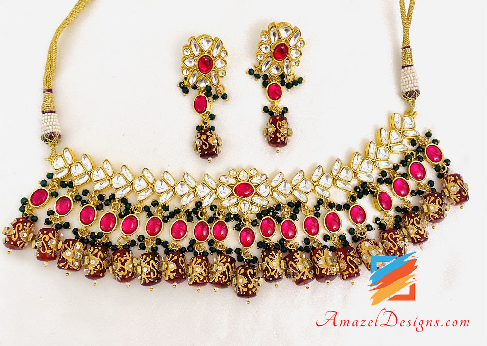 Kundan Maroon Timble Beads Necklace Choker Earrings Set