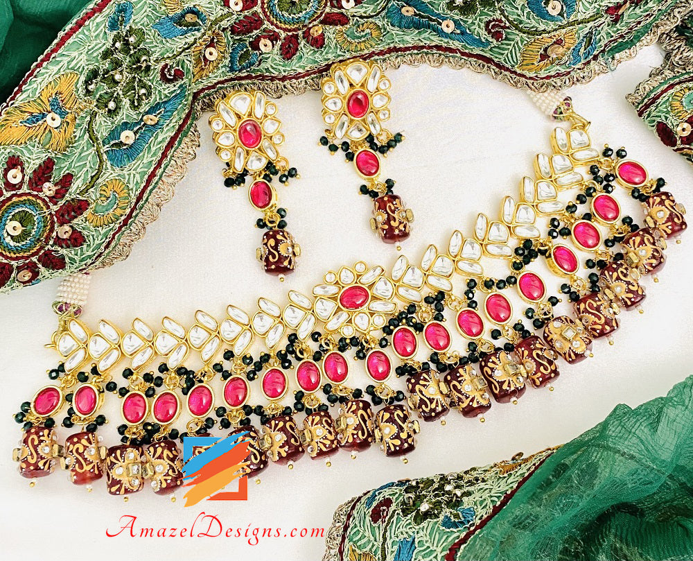 Kundan Maroon Timble Beads Necklace Choker Earrings Set