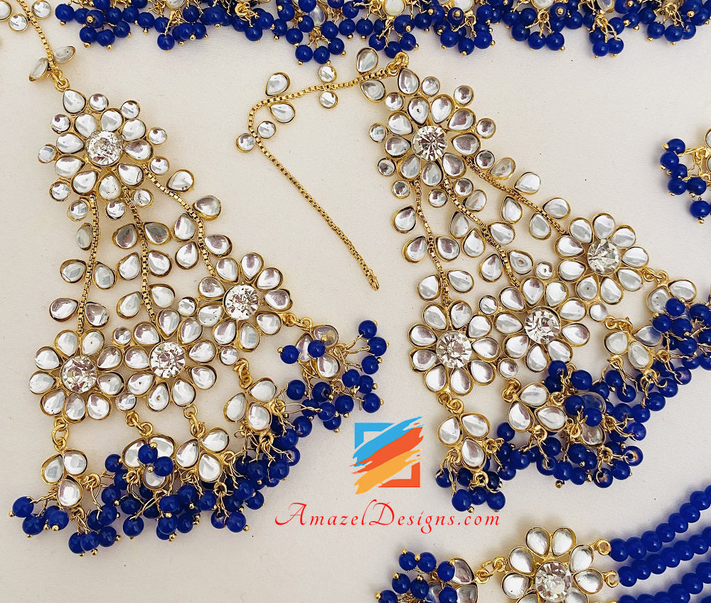 Kundan Crystal Blue Lightweight Flexible Choker Earrings Tikka Passa Set