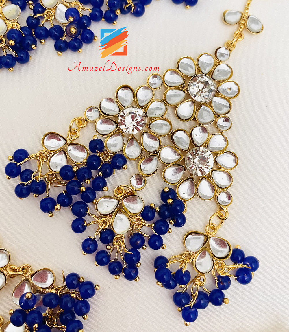 Kundan Crystal Blue Lightweight Flexible Choker Earrings Tikka Passa Set