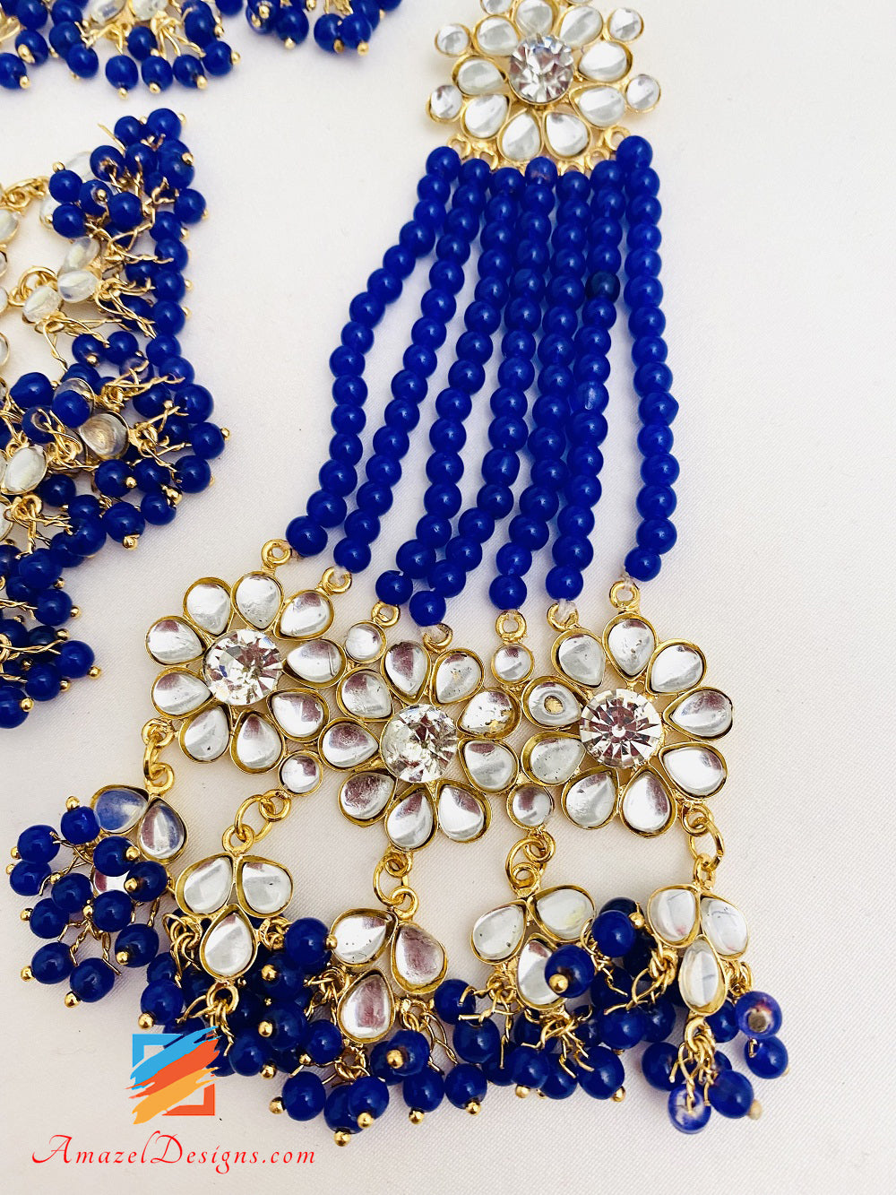 Kundan Crystal Blue Lightweight Flexible Choker Earrings Tikka Passa Set