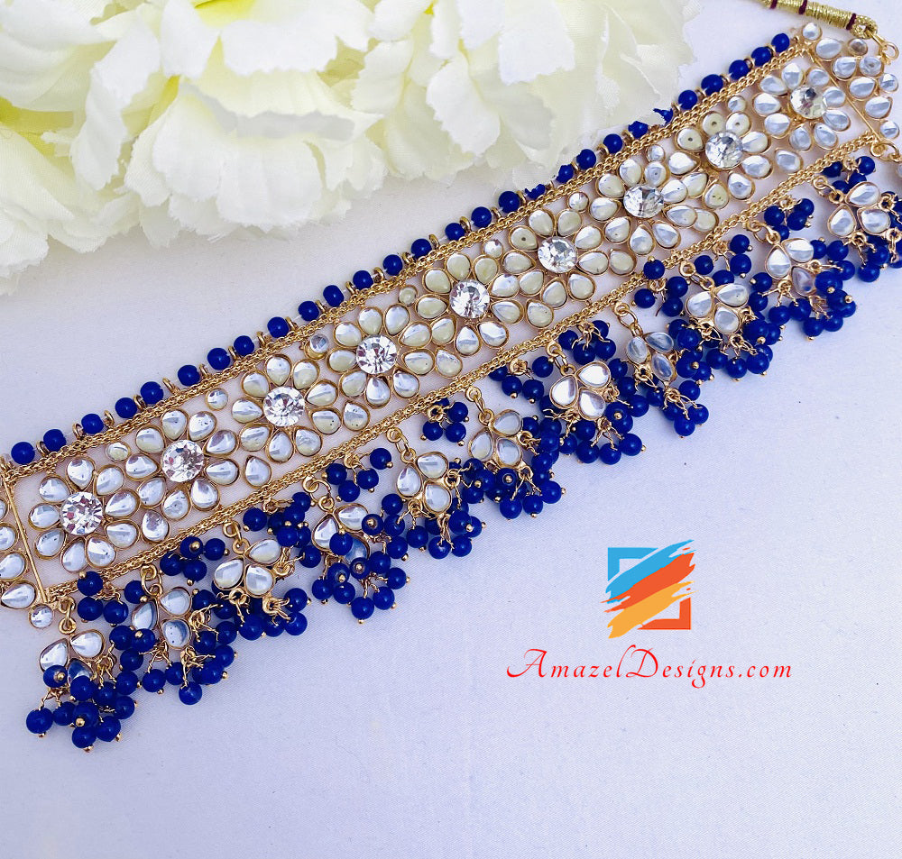 Kundan Crystal Blue Lightweight Flexible Choker Earrings Tikka Passa Set