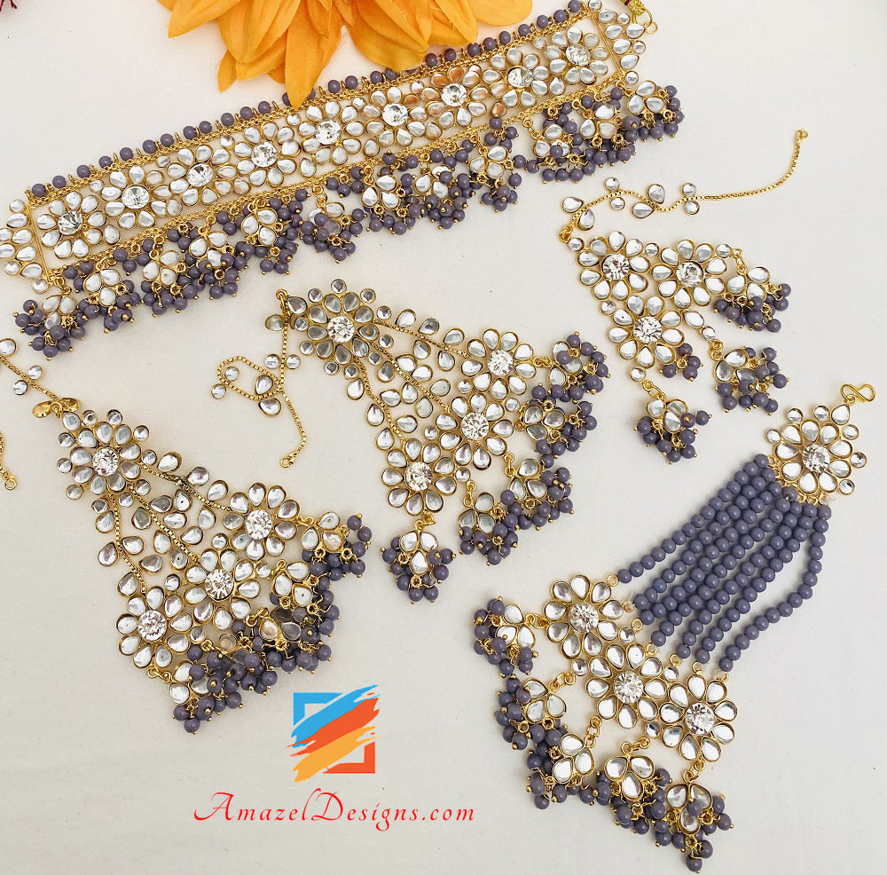 Kundan Crystal Lightweight Grey Flexible Choker Earrings Tikka Passa Set