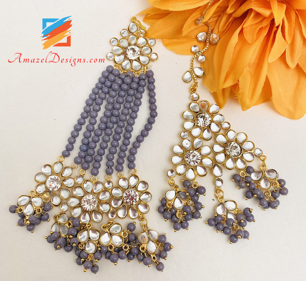 Kundan Crystal Lightweight Grey Flexible Choker Earrings Tikka Passa Set